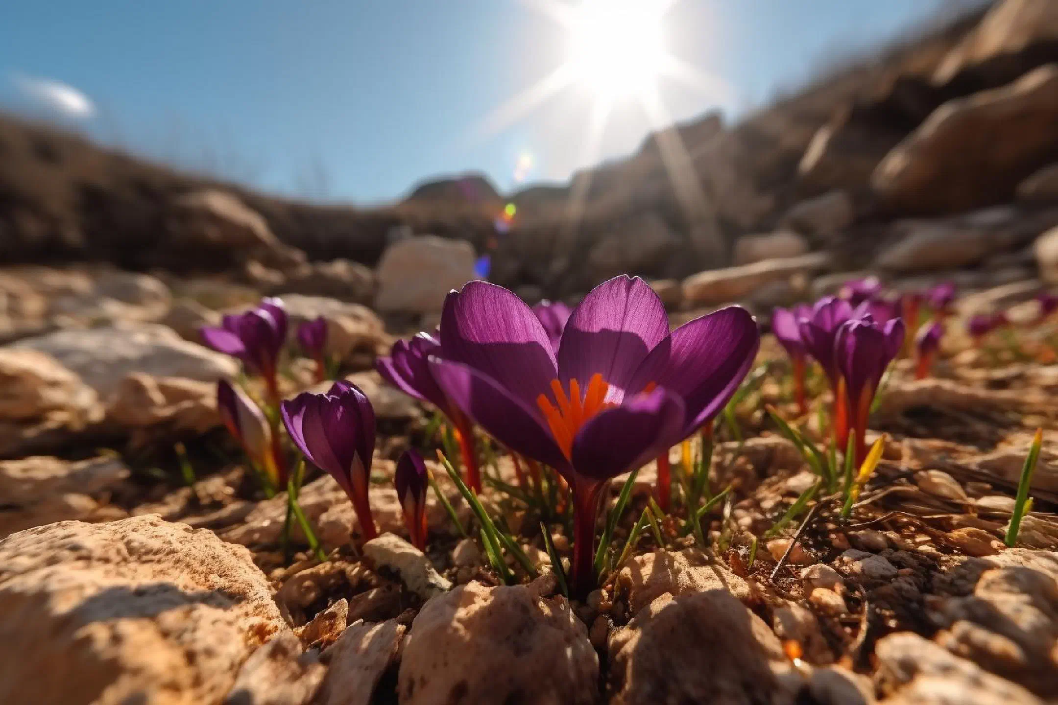 Purple crocuses in the sun